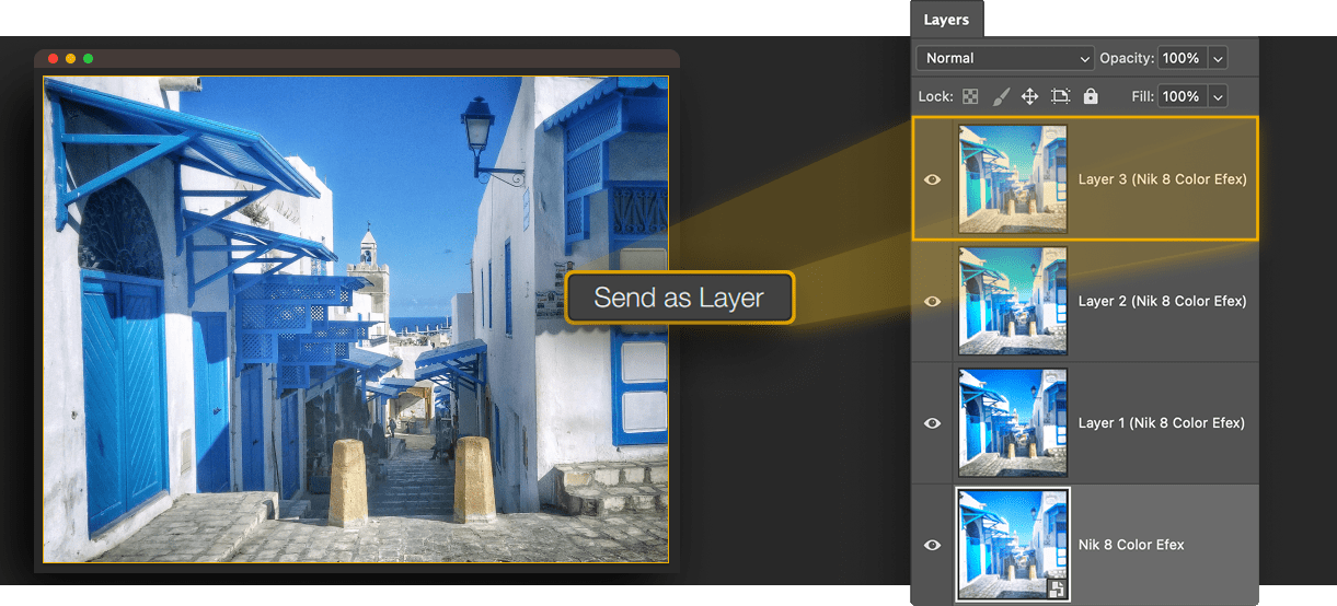 Nik Collection 8 — Send edits as Layers UI