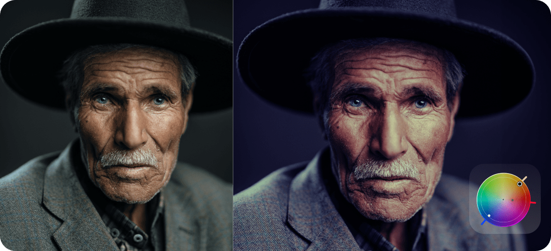 Color Grading tool applied to a black-and-white portrait